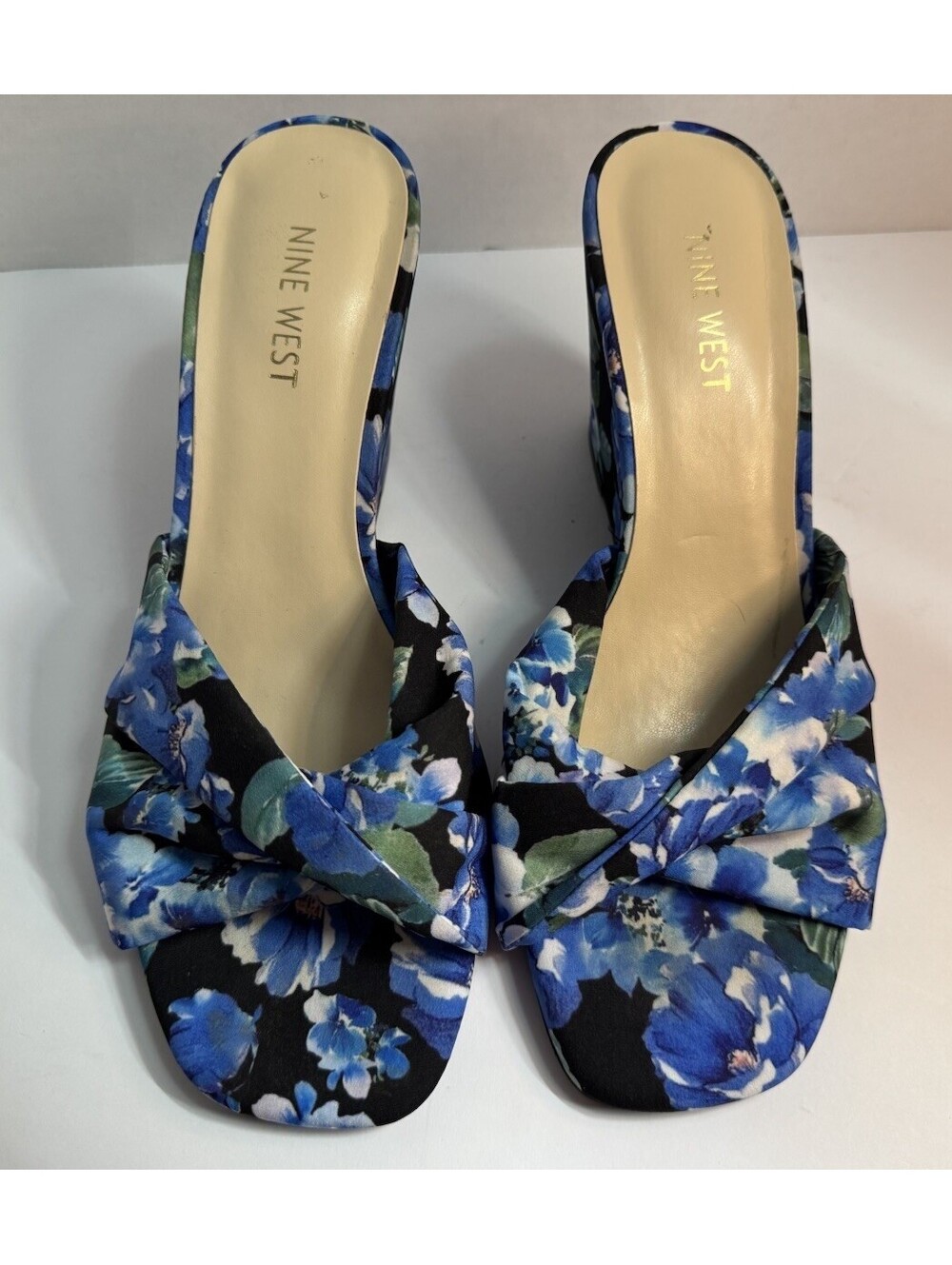 Nine West Women's Blue & Black Floral Twist Front Open Toe Wedge Sandals Size 9